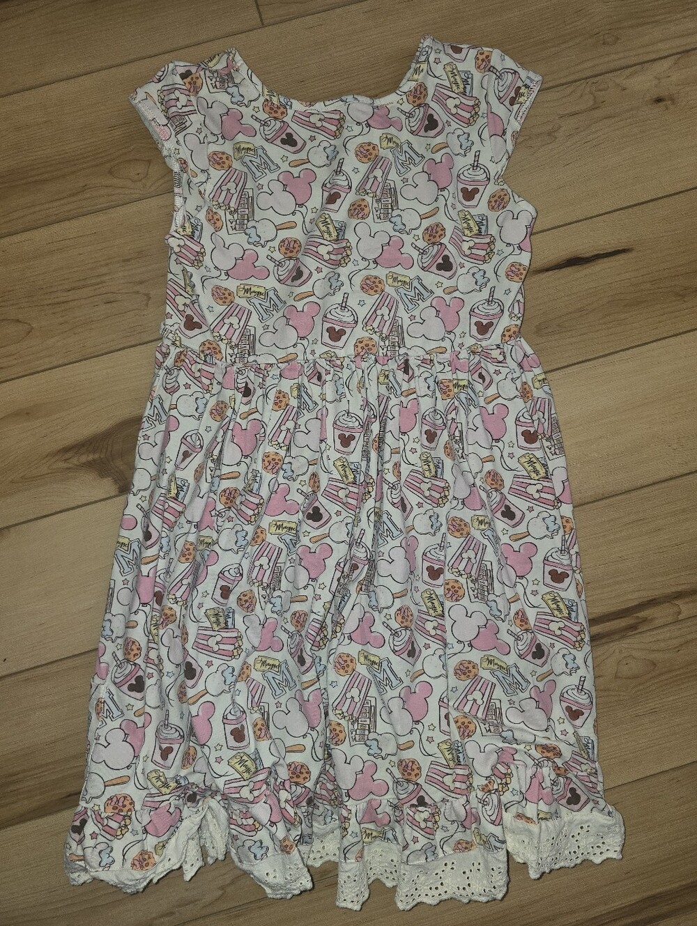Girls' Pink & White Patterned Dress with Lace Trim Size 14.